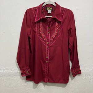 Bob Mackie Wearable Art Embroidered Long sleeve Button up Shirt Western Red M